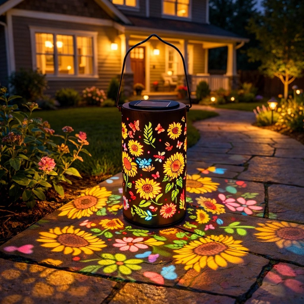 Farbenfrohe, solarbetriebene Gartenlampe mit Sonnenblumeneffekt