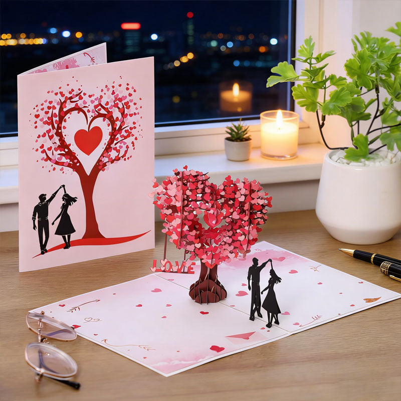 Romantische 3D-Grußkarte „Tanzen unter dem Herzbaum“
